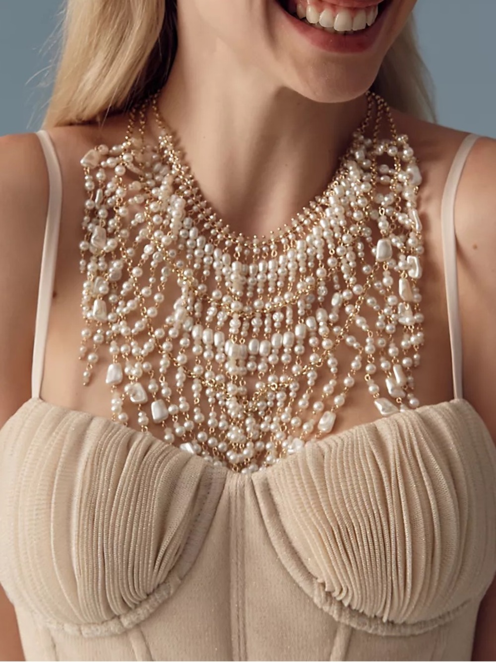 Anthropologie Gold-Plated Dangling Pearl Full Neckalace